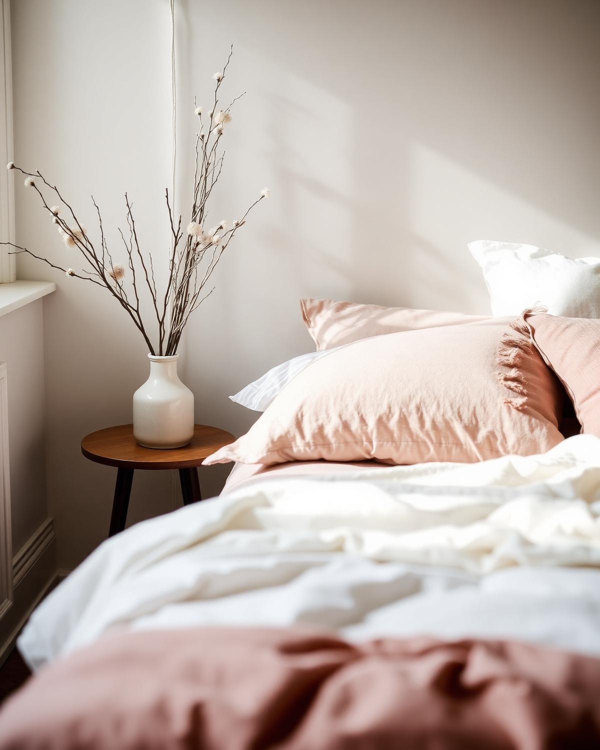 Softly styled bedroom corner with linen bedding